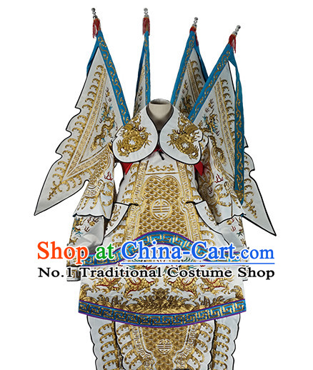 Chinese White Theatrical Costume Beijing Opera Costumes Peking Opera Wu Sheng Embroidered Armor Costumes and Flags for Men