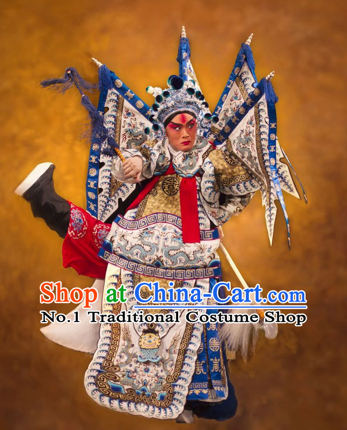 Chinese White Theatrical Costume Beijing Opera Costumes Peking Opera Wu Sheng Embroidered Armor Costumes and Flags for Men