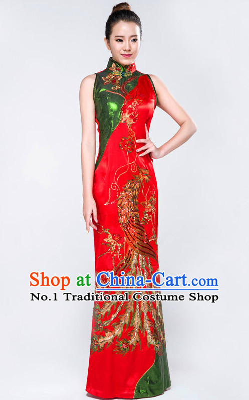 Traditional Chinese Cheongsam Qipao Phoenix Dance Costumes Complete Set for Women