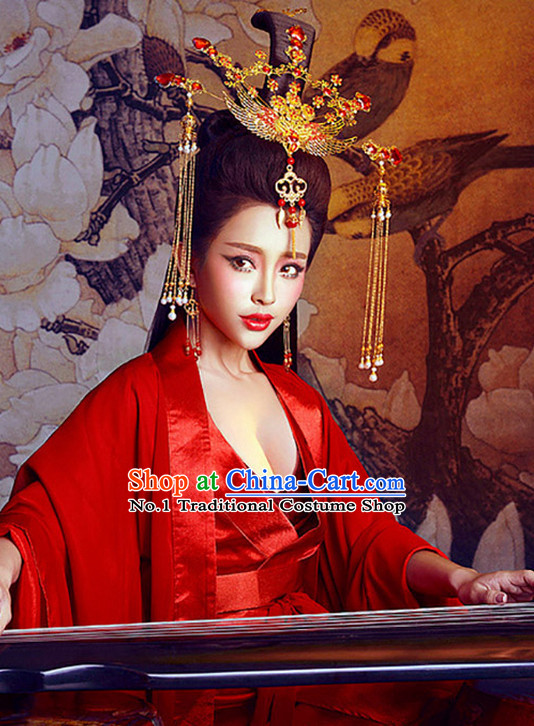 Chinese Red Sexy Kimono Dresses and Hair Jewelry Complete Set