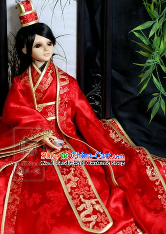 Chinese Red Folk Wedding Dress and Hat for Bridegrooms