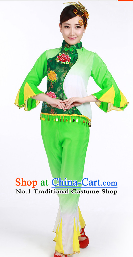 Asian Fashion Chinese Women Fan Dance Costumes and Headwear