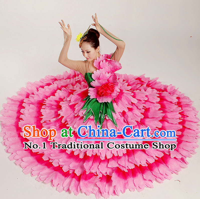 Chinese Flower Dance Costumes and Headwear Complete Set for Women