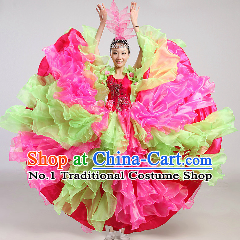 Chinese Folk Flower Dancing Costume and Headwear Complete Set for Women