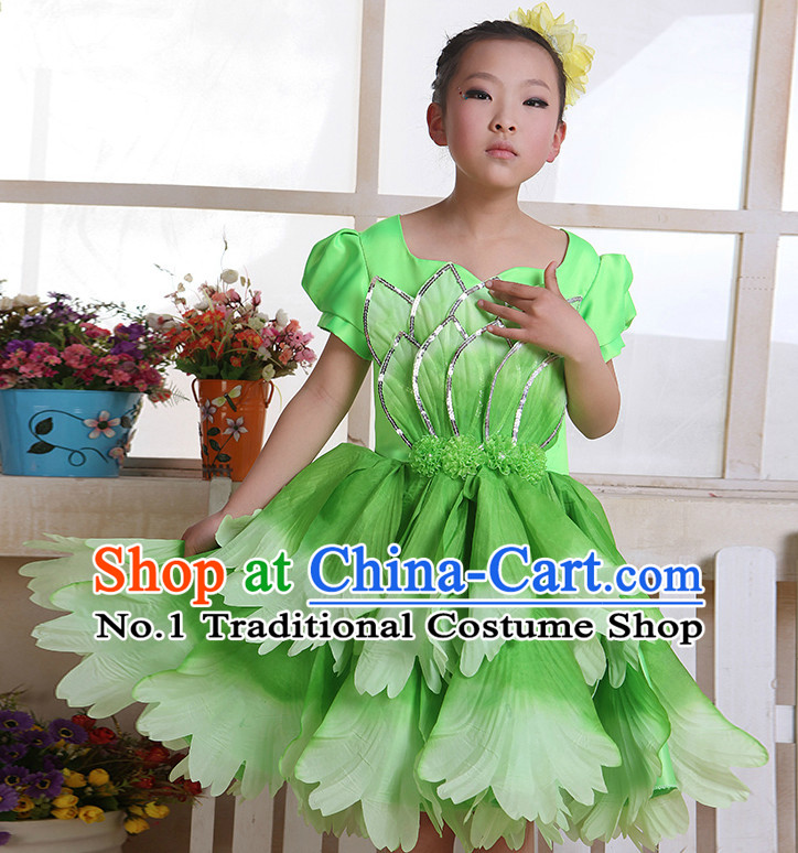 Chinese Flower Dance Costume and Headwear Complete Set for Kids