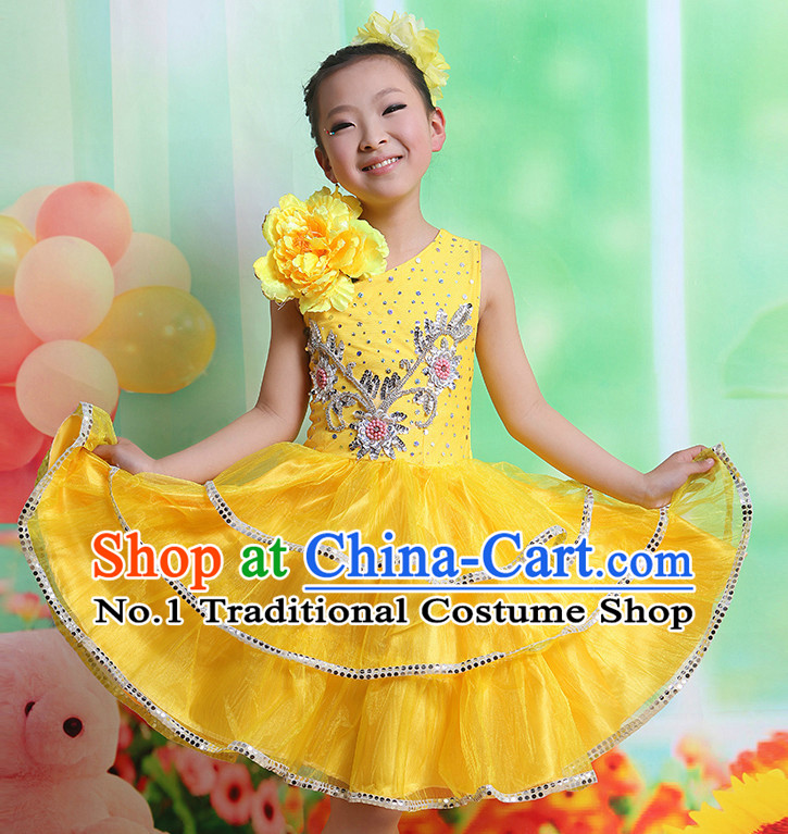 Chinese Flower Dancing Costumes and Hair Accessory Complete Set for Kids