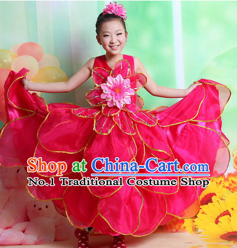 Chinese Flower Dancing Costume and Hair Accessory Complete Set for Kids