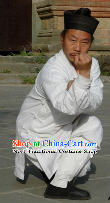 Chinese White Taoist Clothes and Hat Complete Set for Men