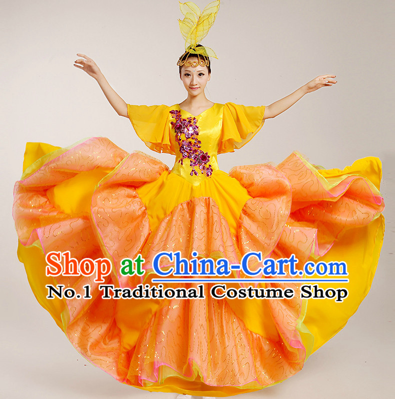 Chinese Flower Dancing Costumes and Headwear Complete Set for Women