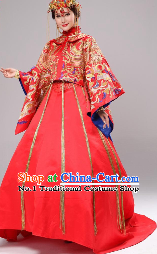 Chinese Fashion Short Coat Long Skirt Wedding Dresses and Hair Accessories Complete Set for Brides