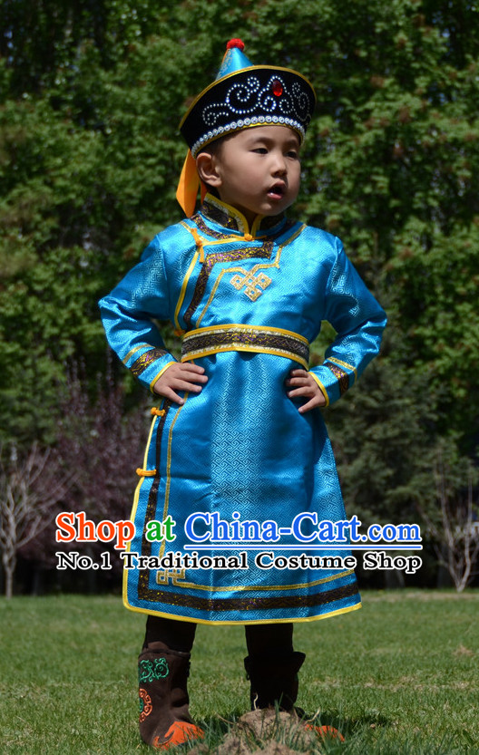 Traditional Chinese Photo Costume Mongolian Costumes and Hat Complete Set for Child