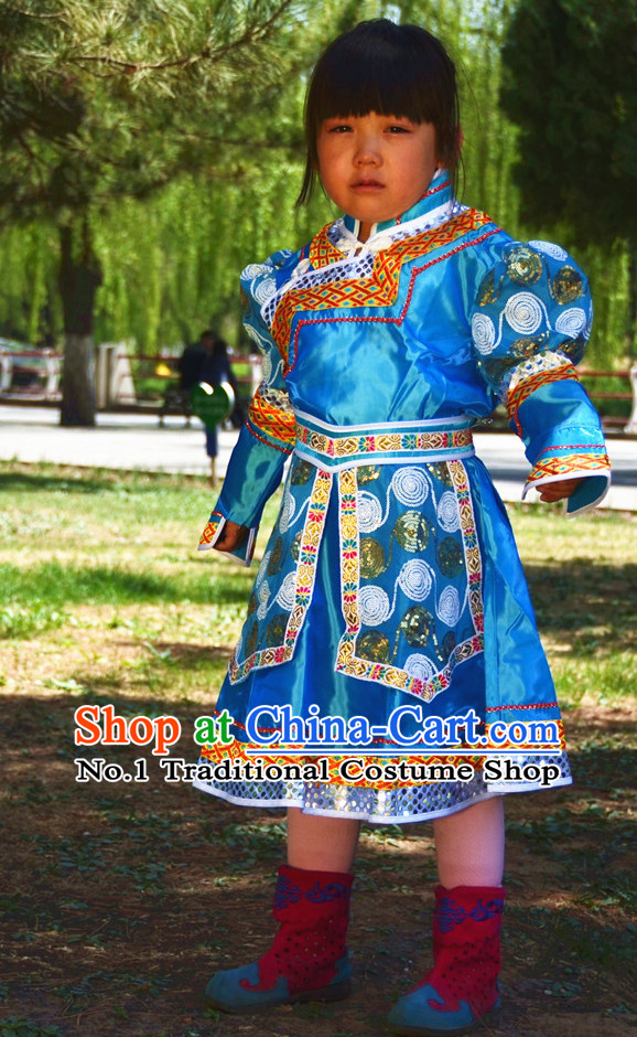 Traditional Chinese Photo Costume Mongolian Costumes and Hat Complete Set for Child