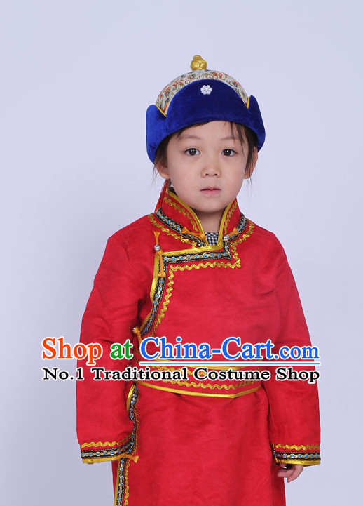 Traditional Chinese Photo Costume Mongolian Long Robe and Hat Complete Set for Children