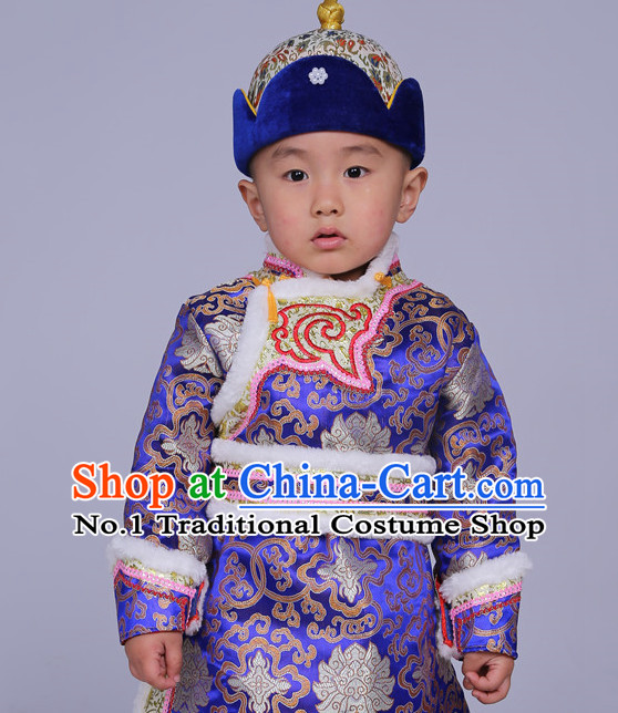 Traditional Chinese Photo Costume Mongolian Clothes and Hat Complete Set for Child