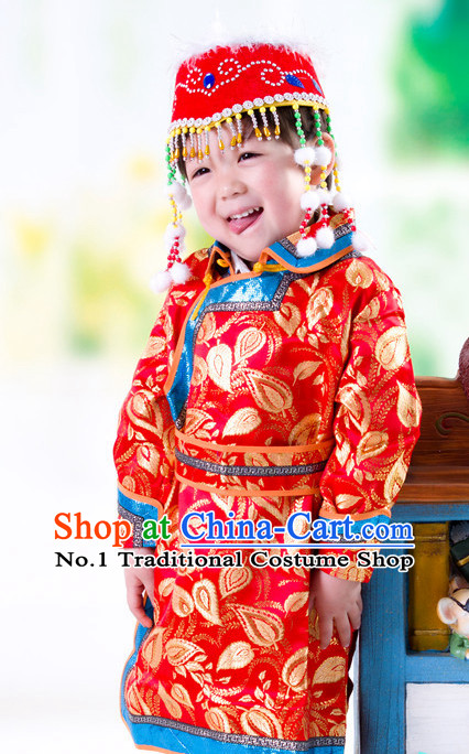 Traditional Chinese Mongolian Dress and Hat Complete Set Kids