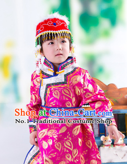 Traditional Chinese Mongolian Dress and Hat Complete Set Kids