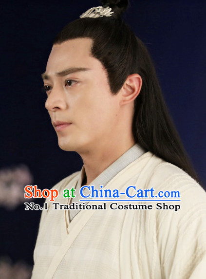 Handmade Chinese Guzhuang Long Black Wigs and Hair Accessories for Men