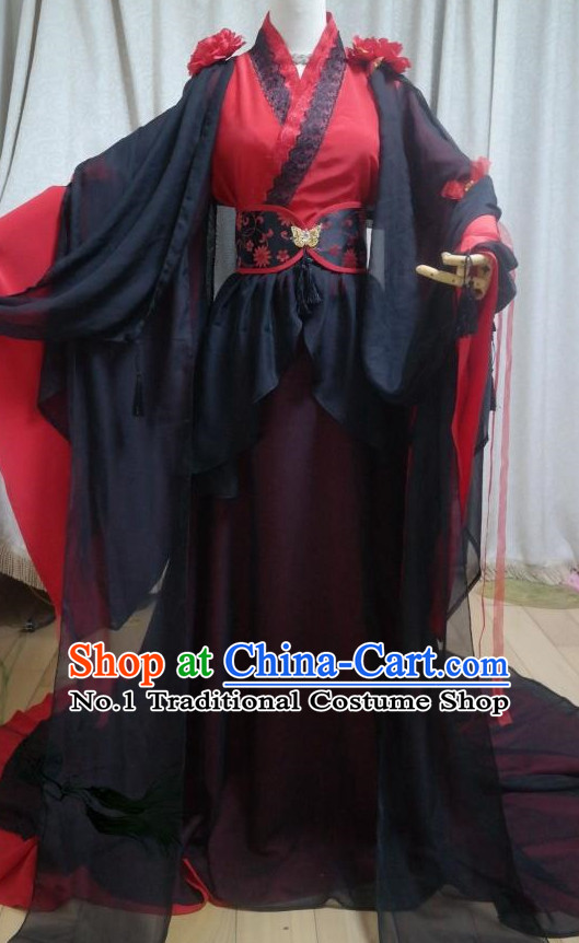 Red Black Ancient Chinese Swordwoman Clothes Complete Set for Women