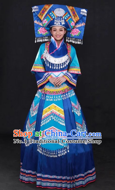 Traditional Chinese Ethnic Zhuang Nationality People Folk Dresses and Hat Complete Set for Women