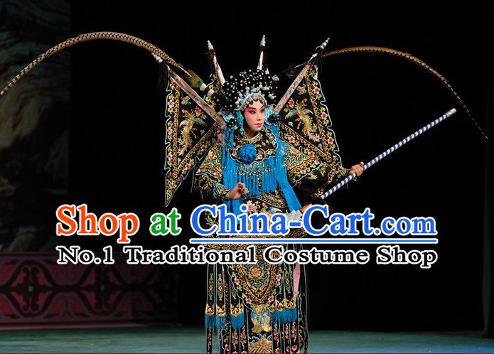 Black Chinese Traditonal Beijing Opera Wu Tan Costumes and Helmet Complete Set