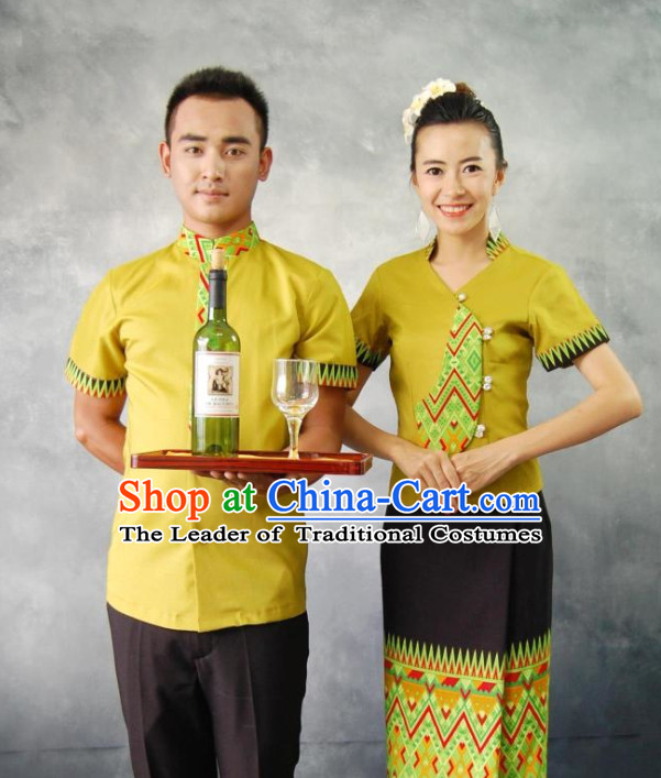Traditional Thailand Customs Restaurant Waiter and Waitress Male and Female Clothes 2 Sets