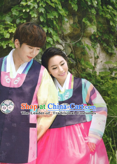 Korean Classic Hanboks Garment and Hair Accessories 2 Complete Set for Husband and Wife
