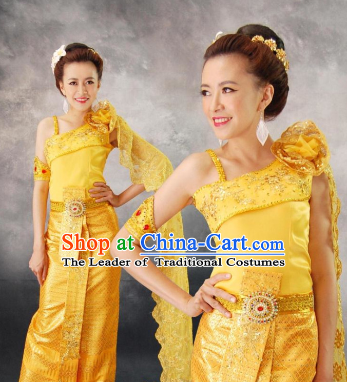 Thailand Traditional National Clothes and Hair Accessories Complete Set for Women