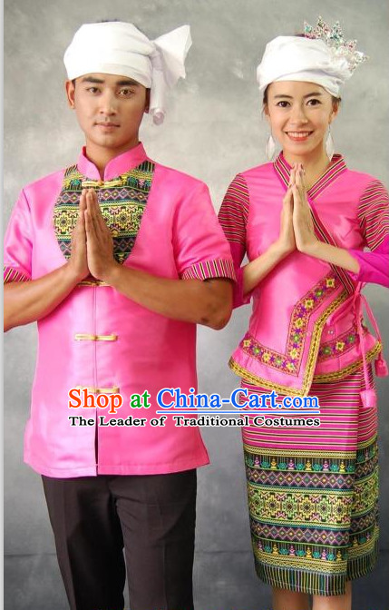 Pink Thailand Traditional Clothes 2 Sets for Men and Women