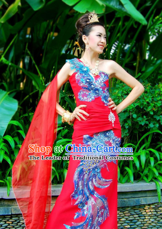 Thai Traditional Dress Thailand Fashion Thailand Customs Traditional Wedding Dress National Bridal Costumes and Hair Accessories Complete Set for Women