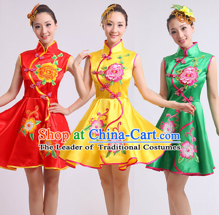 Chinese Fan Dance Costumes Ribbon Dancing Costume Dancewear China Dress Dance Wear and Hair Accessories Complete Set