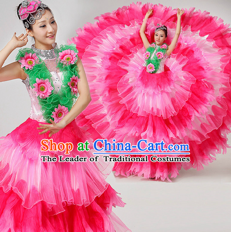 Chinese Stage Dance Costumes Ribbon Dancing Costume Dancewear China Dress Dance Wear and Hair Accessories Complete Set