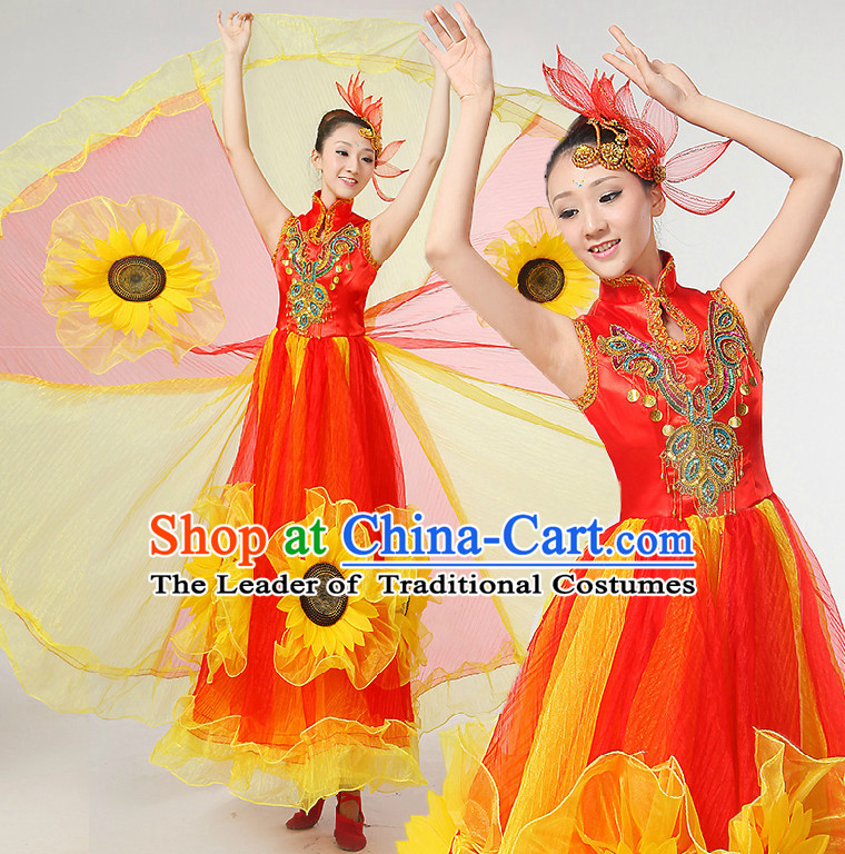 Chinese Festival Dance Costumes Ribbon Dancing Costume Dancewear China Dress Dance Wear and Hair Accessories Complete Set