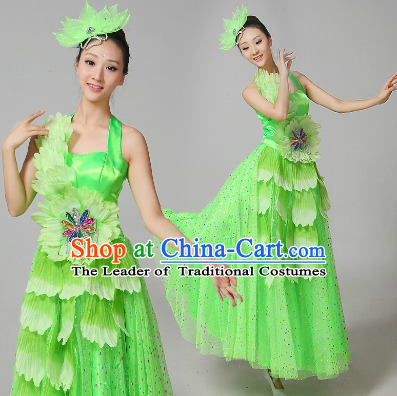 Chinese Flower Dance Costumes Ribbon Dancing Costume Dancewear China Dress Dance Wear and Hair Accessories Complete Set