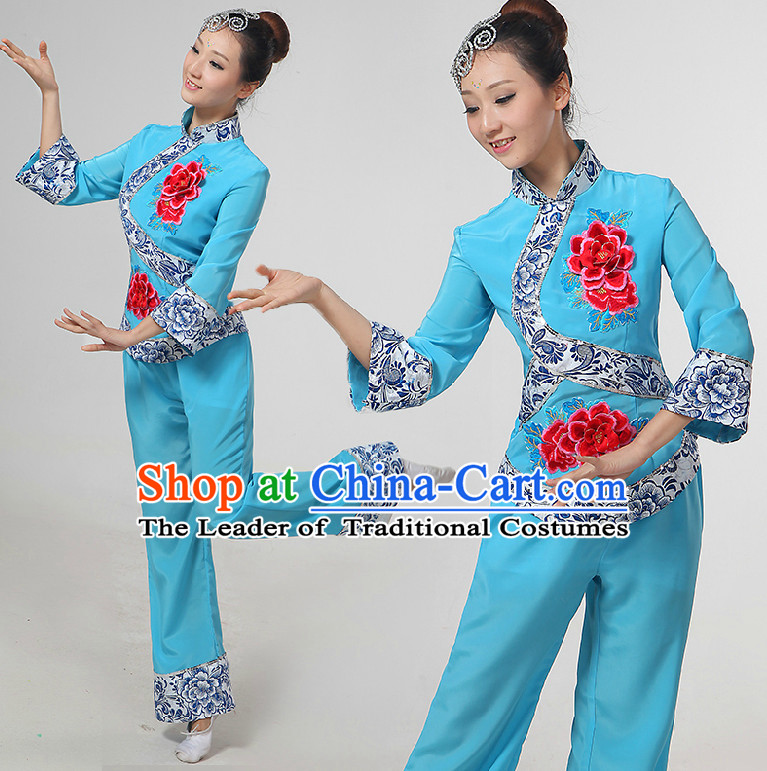 Chinese Handkerchief Dance Costumes Ribbon Dancing Costume Dancewear China Dress Dance Wear and Hair Accessories Complete Set