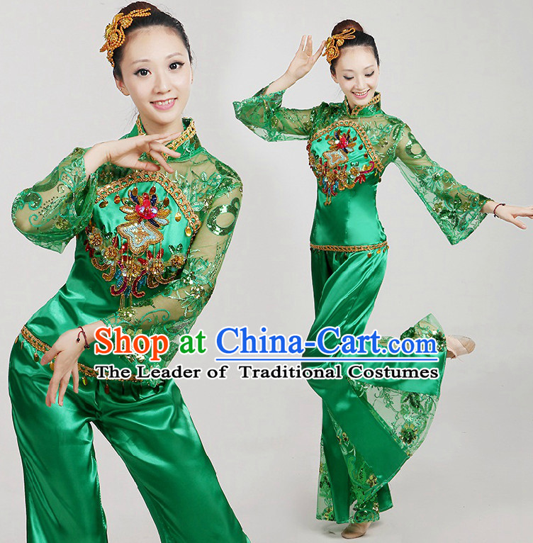 Chinese Dance Costumes Ribbon Dancing Costume Dancewear China Dress Dance Wear and Hair Accessories Complete Set