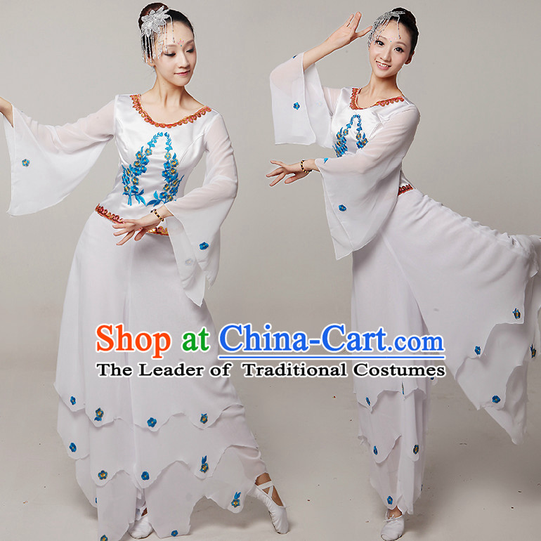 Chinese Stage Dance Costumes Ribbon Dancing Costume Dancewear China Dress Dance Wear and Hair Accessories Complete Set