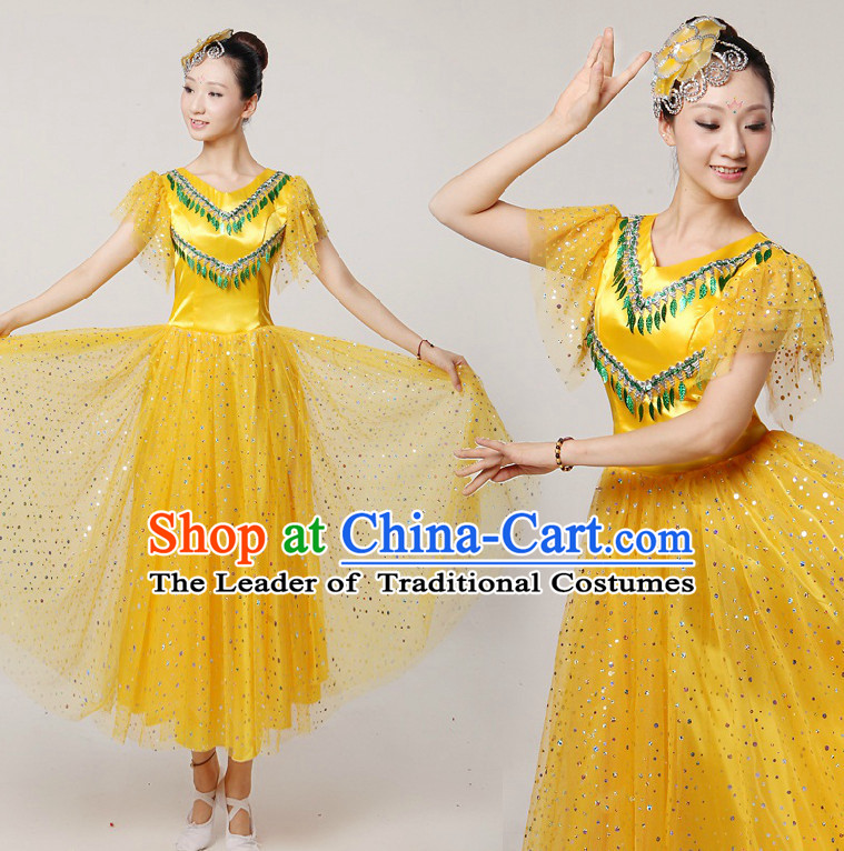 Asian Dance Costumes Ribbon Dancing Costume Dancewear China Dress Dance Wear and Headwear Complete Set