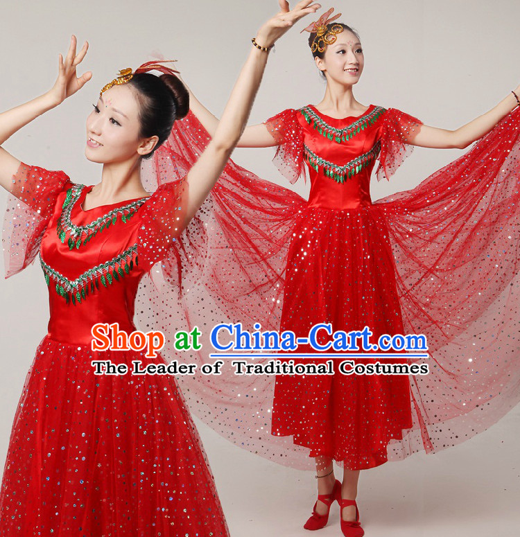 Asian Dance Costumes Ribbon Dancing Costume Dancewear China Dress Dance Wear and Headwear Complete Set