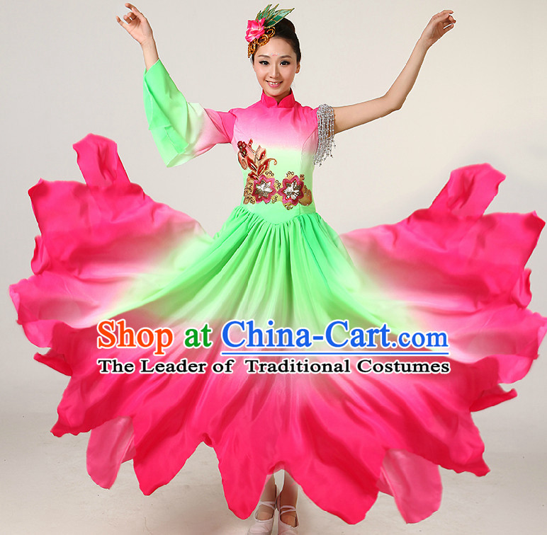 Color Transition Chinese Dance Costumes Competition Costumes Dancewear China Dress Dance Wear and Headpieces Complete Set