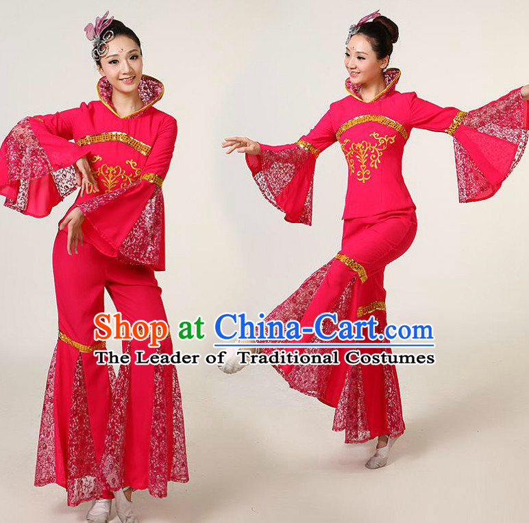 Chinese Dance Costumes Competition Costumes Dancewear China Dress Dance Wear and Headpieces Complete Set