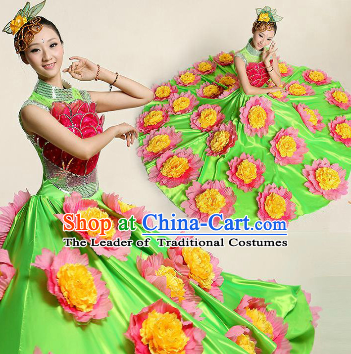 Chinese Flower Dance Costume Competition Costumes Dancewear China Dress Dance Wear and Headpieces Complete Set