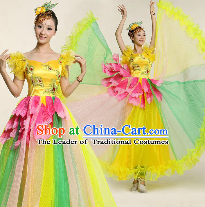 Chinese Flower Dance Costume Competition Costumes Dancewear China Dress Dance Wear and Headpieces Complete Set