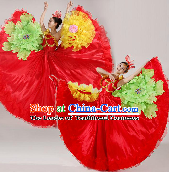 Asian Dance Costume Competition Costumes Dancewear China Dress Dance Wear and Headpieces Complete Set