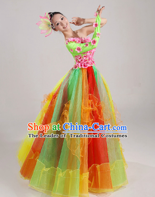 Asian Dance Costume Group Dance Costumes Dancewear China Dress Dance Wear and Headpieces Complete Set