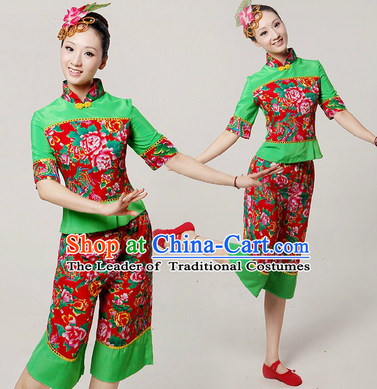 Chinese Stage Dance Costumes Ribbon Dancing Costume Dancewear China Dress Dance Wear and Hair Accessories Complete Set