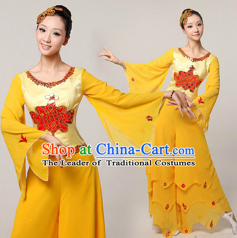 Chinese Folk  Dance Costumes Ribbon Dancing Costume Dancewear China Dress Dance Wear and Hair Accessories Complete Set