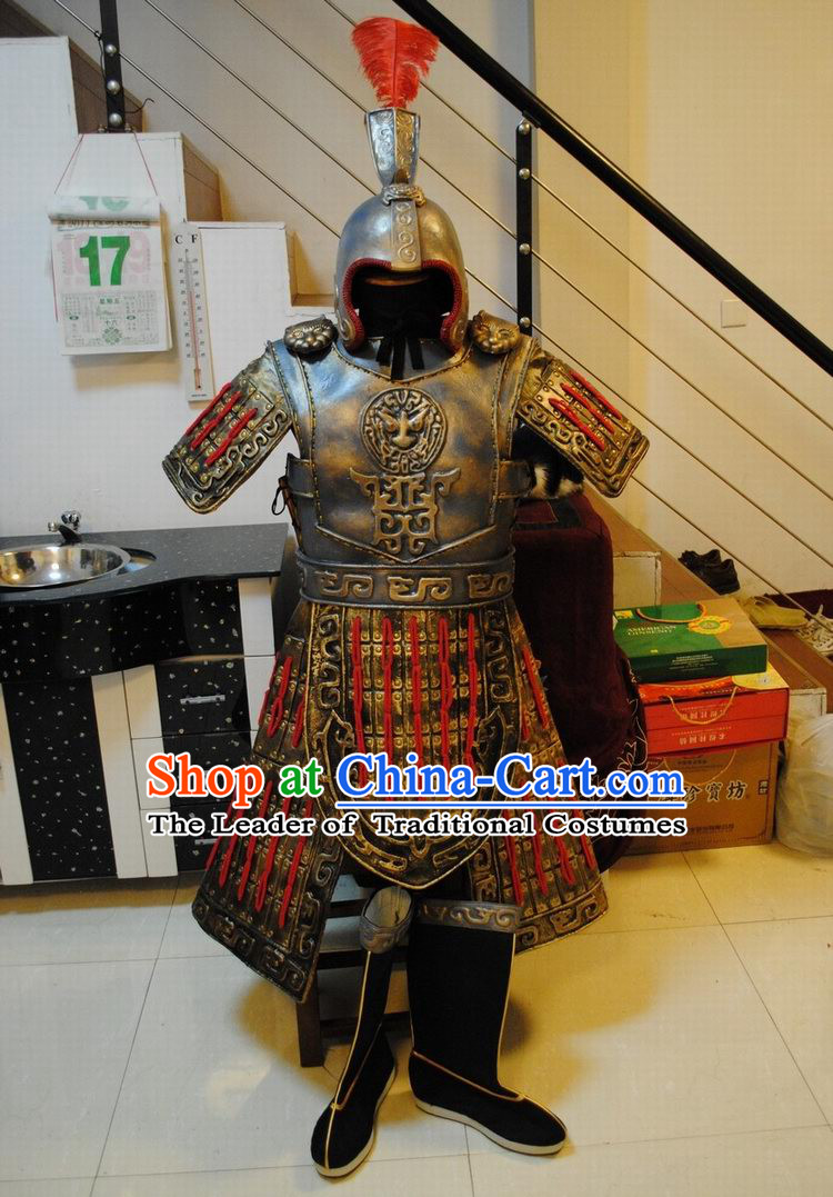 Ancient China Superhero Armor Outfits and Hat Complete Set for Men