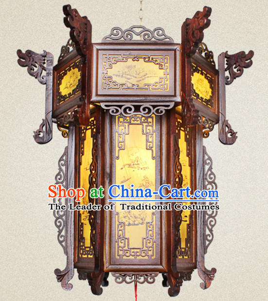 Chinese Antique Style Ancient Handmade and Carved Natural Wood Hanging Palace Lantern