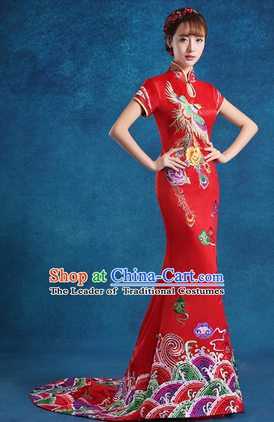 Top Chinese Red Embroidered  Long Tail Wedding Dress Evening Dress and Hair Jewelry Complete Set