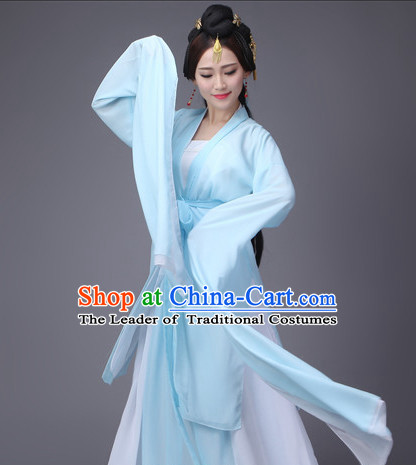 Light Blue Ancient Chinese Long Sleeves Dance Costumes Complete Set for Women